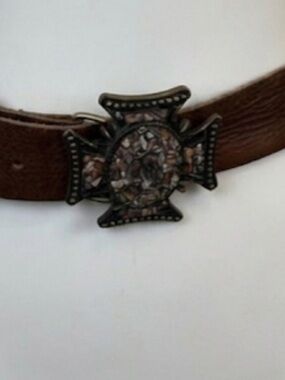 LeatherRock Vintage Brown Leather Belt with Ornate Stone Gothic Cross Buckle 34